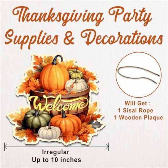 Thanksgiving Hanging Welcome Sign With Sisal Ropes - Watercolor Pumpkins & - Picture 3 of 6